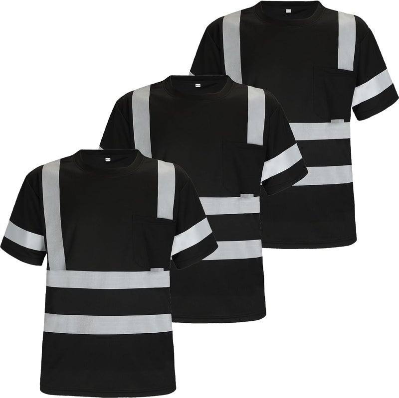Wuple Store Safety Shirts for Men Construction Short Sleeve Quick Dry with Pocket Workwear, Class 3 High Visibility Shirts with Reflective Strips Black L 3PCS - Image 1